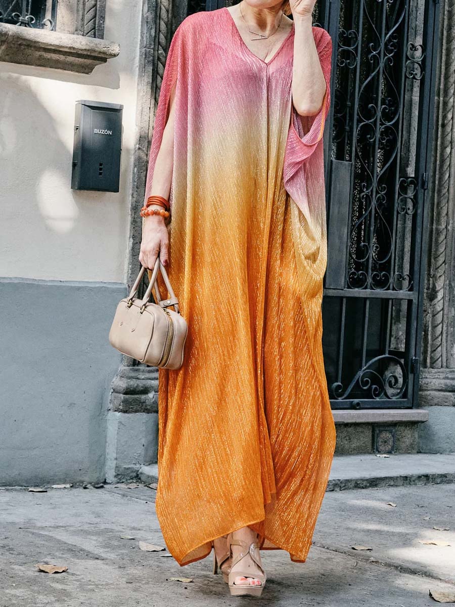 Printed V Neck Batwing Sleeve Maxi Dress