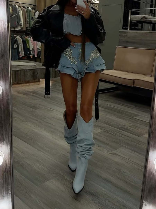 Rhinestone Sparkle Flouced Denim Shorts