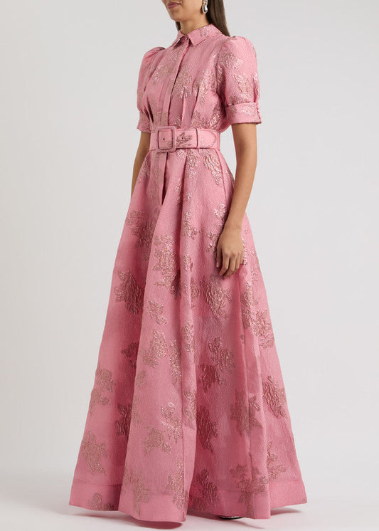 Waist-Cinching Button-Down Jacquard Maxi Dress