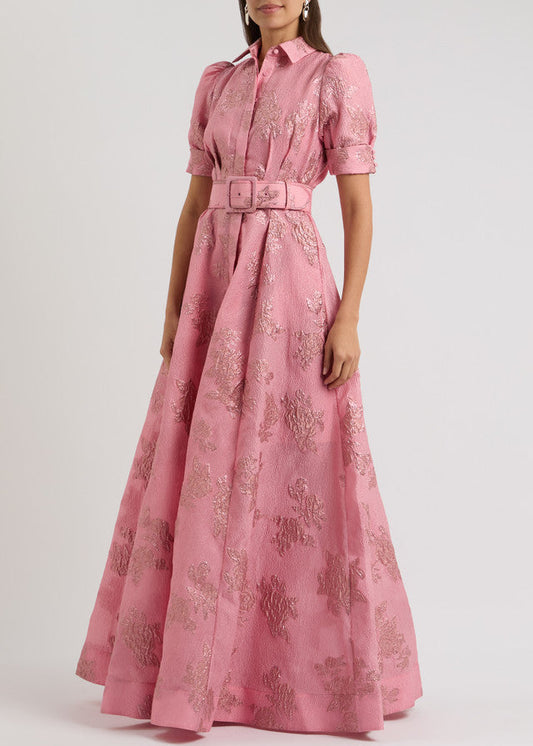 Waist-Cinching Button-Down Jacquard Maxi Dress