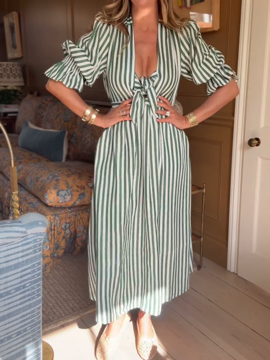 Green And White Stripe Midi Dress