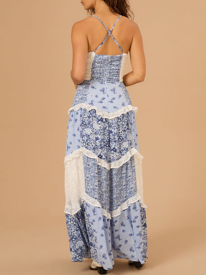 Dusty Blue Color Floral Maxi Dress