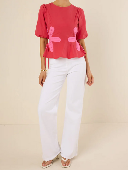 Bubble Sleeve Printed Waist Cinching Top