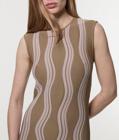 Contrast Wave Knit Dress With Fringing