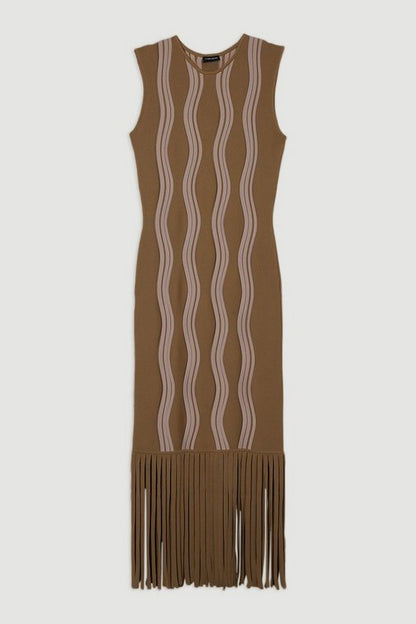 Contrast Wave Knit Dress With Fringing