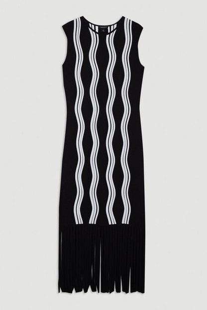 Contrast Wave Knit Dress With Fringing