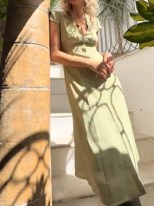 Green V-Neck Button Midi Dress