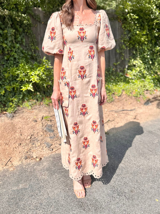 Puff-Sleeve Linen Embroidered Macaw Midi Dress