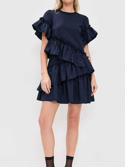 Taffeta Ruffle Trim Mini Dress