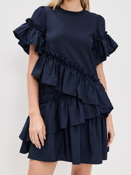 Taffeta Ruffle Trim Mini Dress