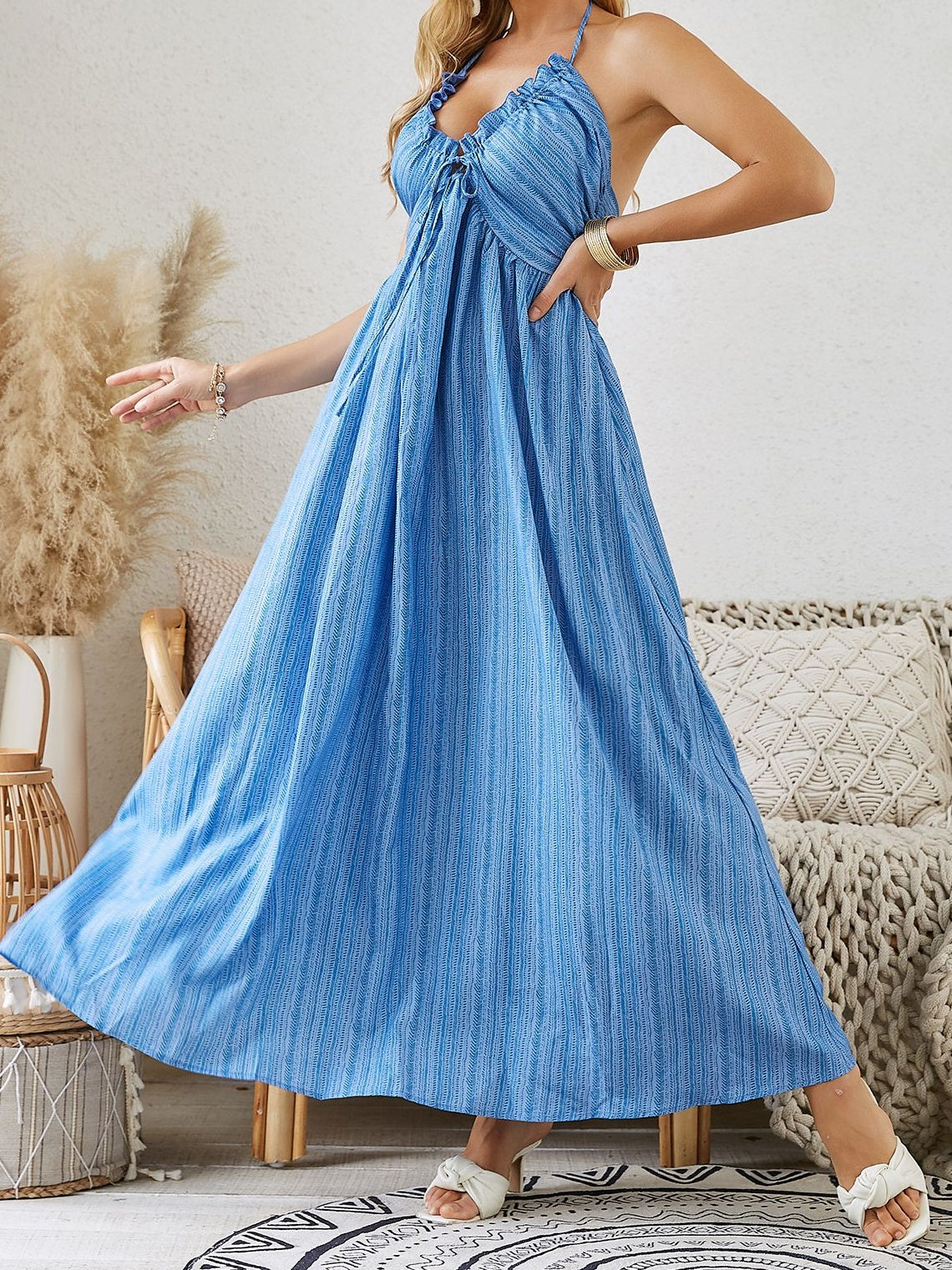 Bohemian Halter Blue Maxi Dress