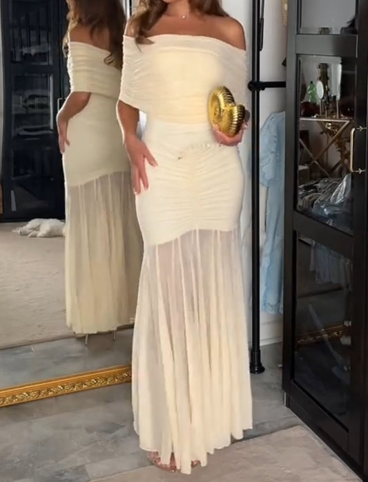 Ivory Slinky And Mesh Off Shoulder Maxi Dress