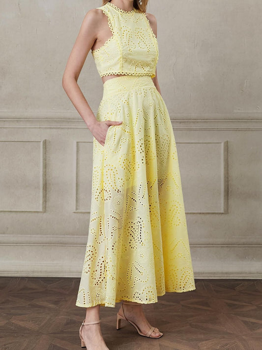 Paisley Eyelet Embroidery Sleeveless Two Pieces Dress