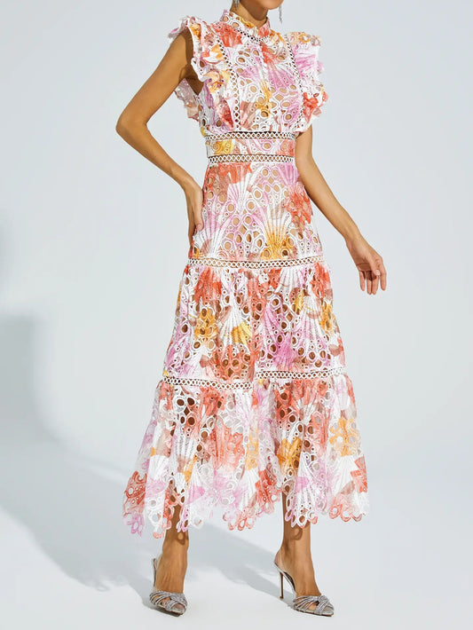 Stand Collar Sleeveless Cut-out Embroidered Dress