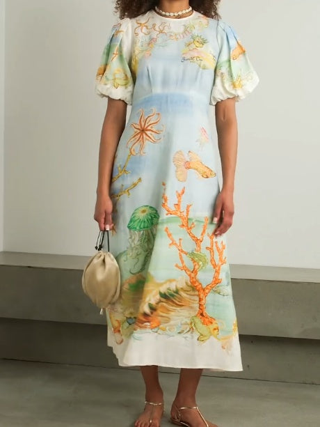 Gathered Printed Linen-gauze Midi Dress