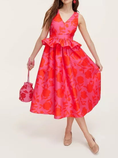 Classic Rose Peplum Midi Dress