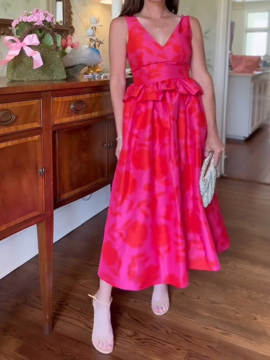 Classic Rose Peplum Midi Dress