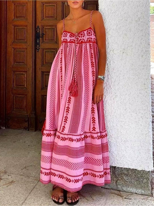 Printed Sleeveless Spaghetti With Boho Dress
