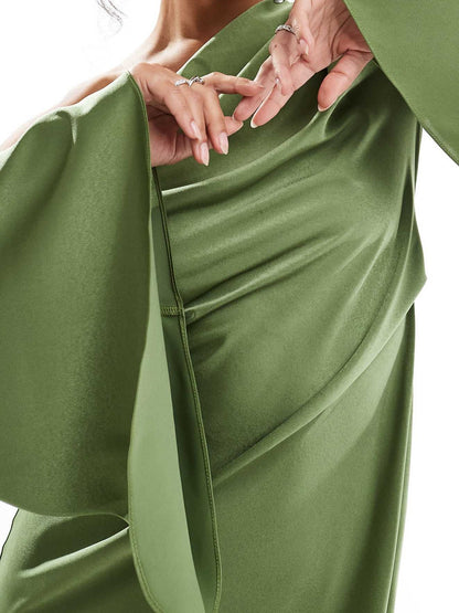 Extreme One Shoulder Satin Maxi Dress