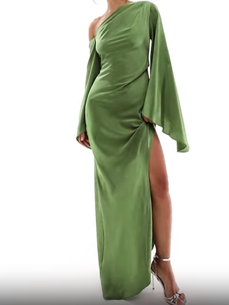 Extreme One Shoulder Satin Maxi Dress