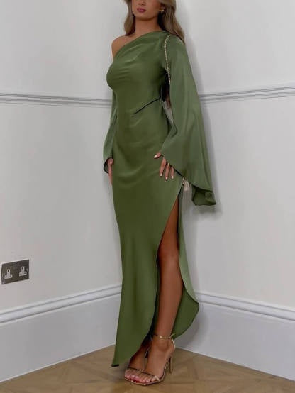 Extreme One Shoulder Satin Maxi Dress