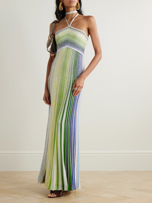 Sequin-embellis Hed Metallic Crochet Knit Holder Corner Maxi Dress