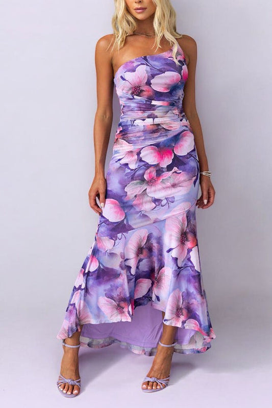 Floral Print One Shoulder Ruched Stretch Maxi Dress