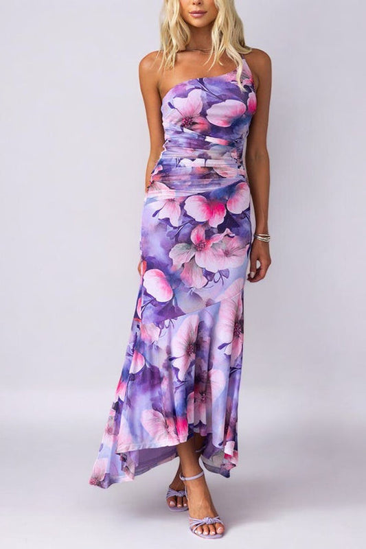 Floral Print One Shoulder Ruched Stretch Maxi Dress