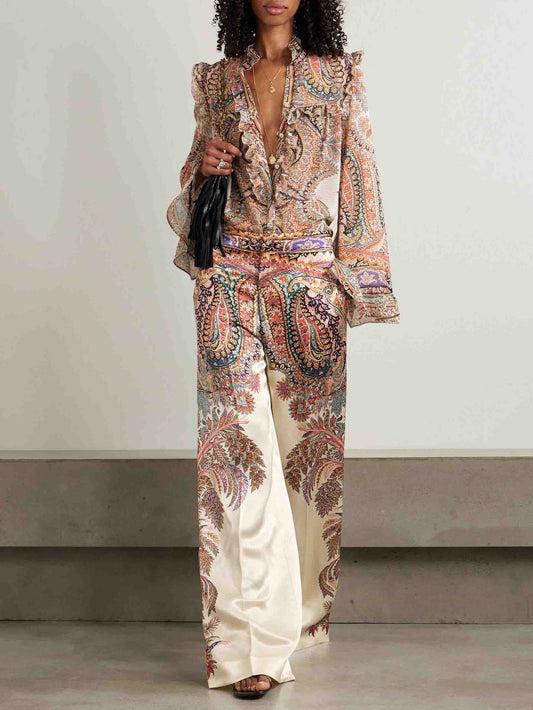 Exquisite Vintage Paisley Print Ruffled Shirt And Wide-leg Pants