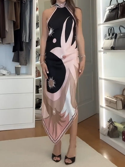 Open Back Abstract Print Midi Dress