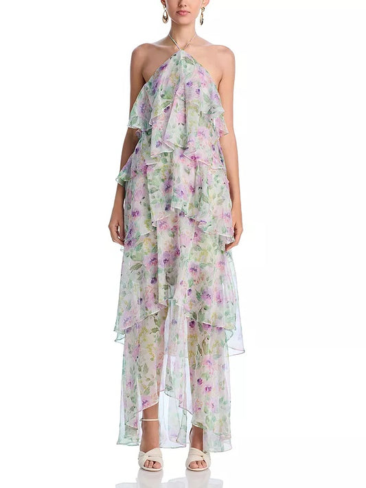 Halter Neck Multi-Layered Ruffle Floral Print Dress