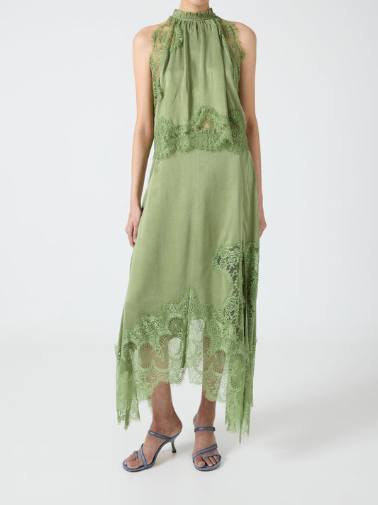 Satin Lace Trim Pleated Neck Top And A-line Irregular Slit Skirt Set