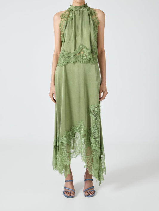 Satin Lace Trim Pleated Neck Top And A-line Irregular Slit Skirt Set