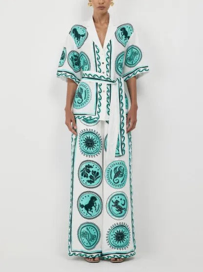 Unique Pattern Printed Short-sleeved Lace-up Shirt And Elastic Waist Wide-leg Pants
