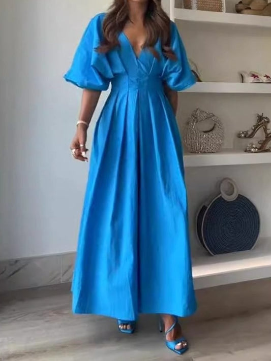 Blue Color V Neck Pleated Loose Elegant Socialite Dress