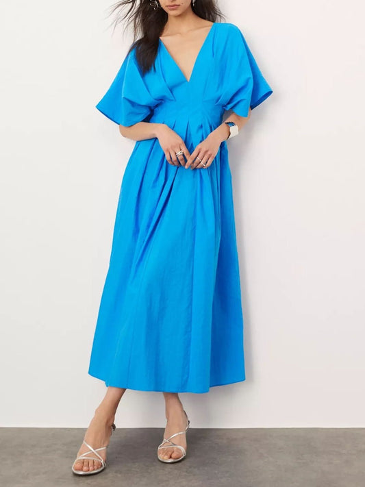 Blue Color V Neck Pleated Loose Elegant Socialite Dress