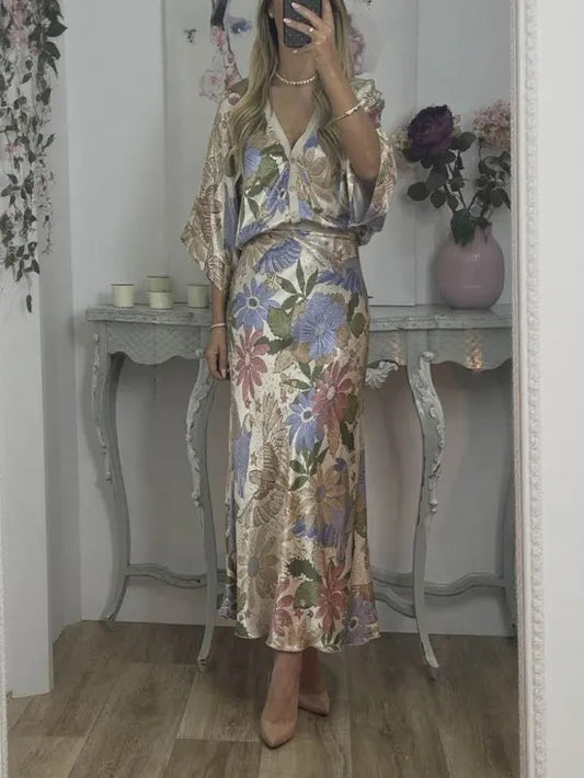 Exquisite Satin Floral Print Off-shoulder Shirt And Fishtail Skirt