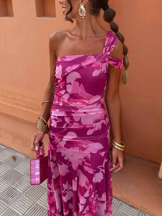 Elegant One-Shoulder Fuchsia Floral Maxi Dress