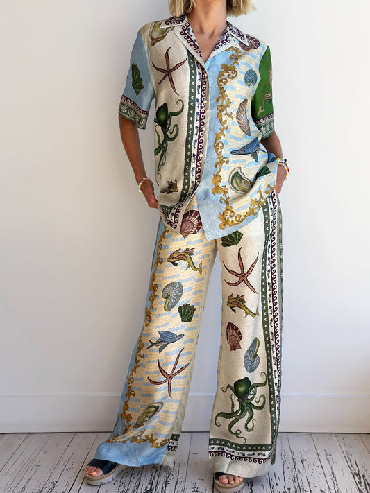 Unique Deep Sea Floral Print Loose Shirt And Loose Wide-leg Pants