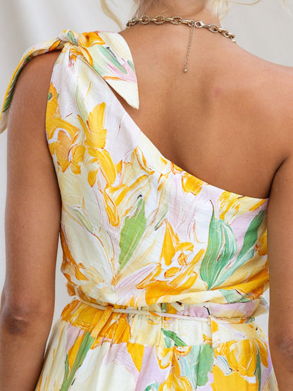 Floral Print One Shoulder Tie-up Crop Top And Elastic Waist Pocket Loose Pants Set