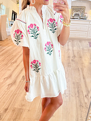 Cream Floral Bubble Sleeve Dress