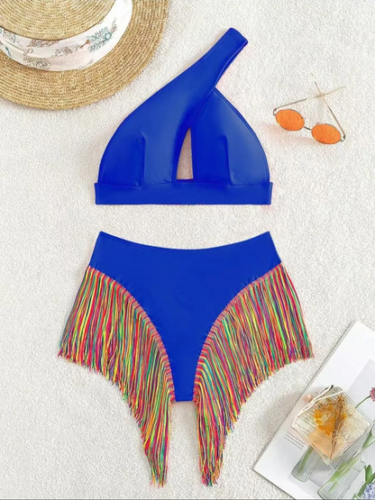 Women's Solid Color Fringe Hem Bikini Set Casual Stylish Chic Swimsuit
