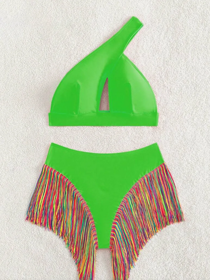 Women's Solid Color Fringe Hem Bikini Set Casual Stylish Chic Swimsuit