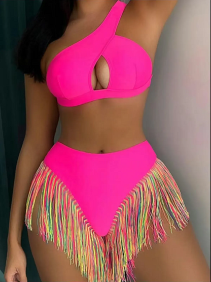 Women's Solid Color Fringe Hem Bikini Set Casual Stylish Chic Swimsuit