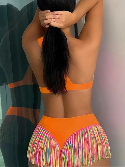 Women's Solid Color Fringe Hem Bikini Set Casual Stylish Chic Swimsuit