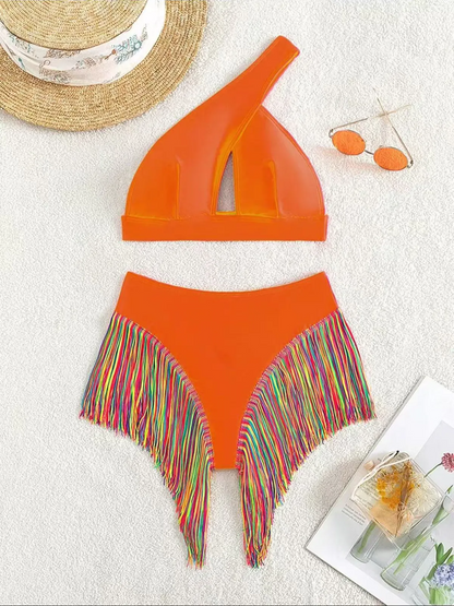 Women's Solid Color Fringe Hem Bikini Set Casual Stylish Chic Swimsuit