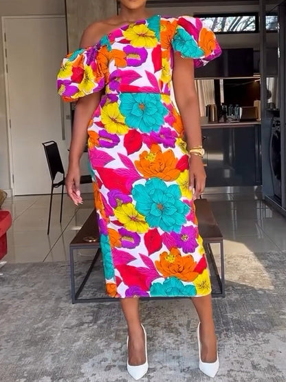 Colorful Flower Bubble Sleeve Midi Dress