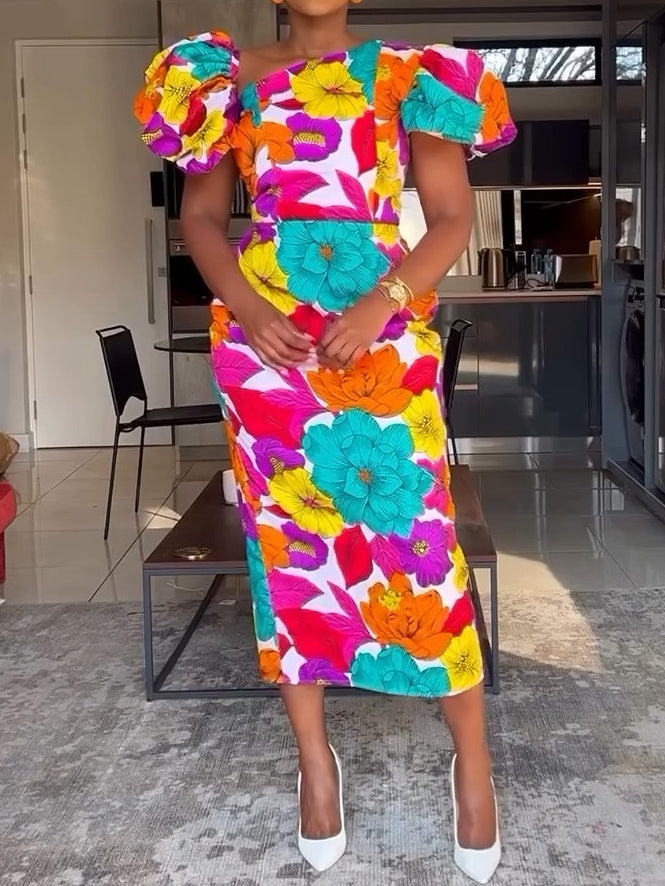 Colorful Flower Bubble Sleeve Midi Dress