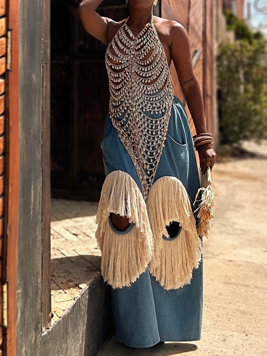 Luxury Handmade Chain Top + Fringe Pants