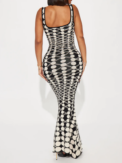 Black White Sexy Print Backless Spaghetti Strap Long Dresses.